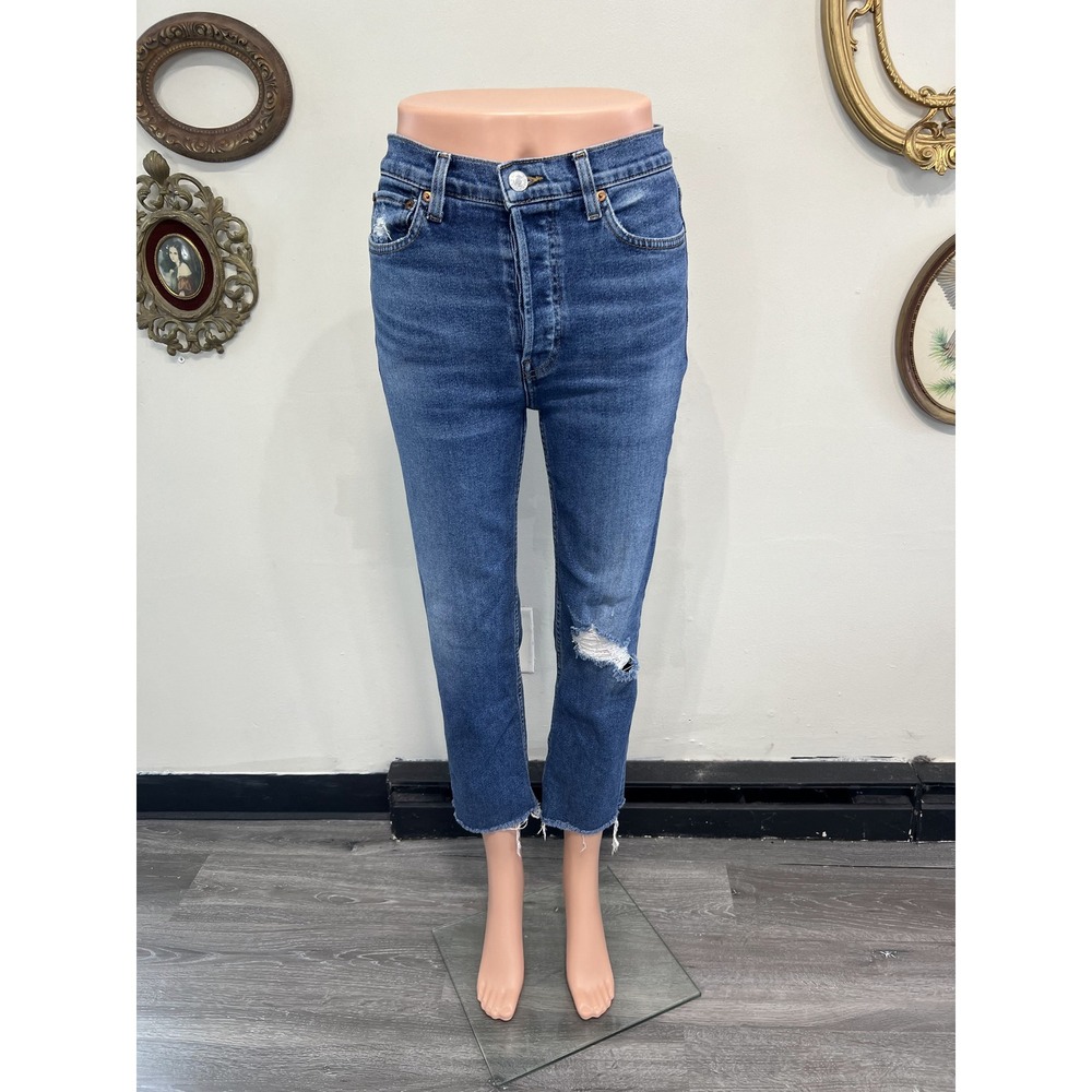 RE/DONE 70s Stove Pipe Distressed High Rise Medium Wash Crop Jeans Size 26 - Picture 1 of 9
